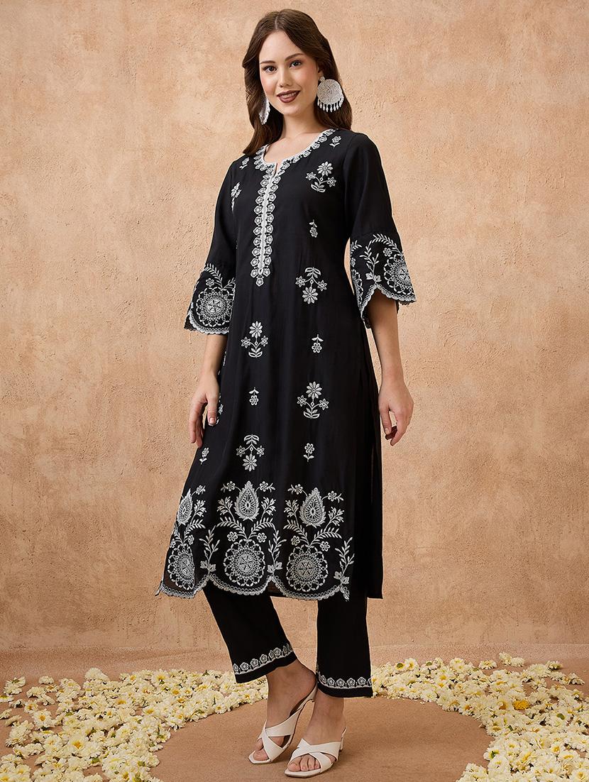 globus women black scalloped hem bell sleeves floral embroidered kurta & straight pant festive set - 21738588 -  Standard Image - 1