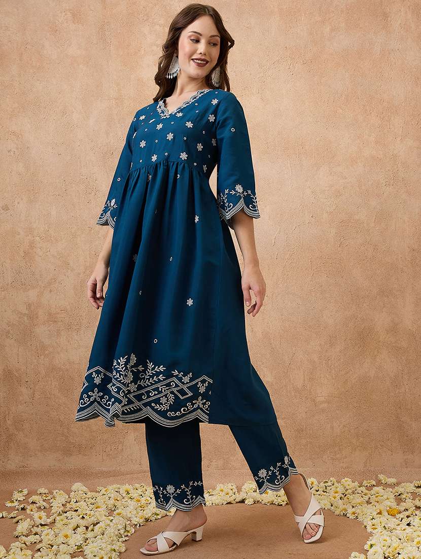 globus women navy blue floral embroidered work v-neck scalloped hem a-line kurta with pant festive set - 21738589 -  Standard Image - 1