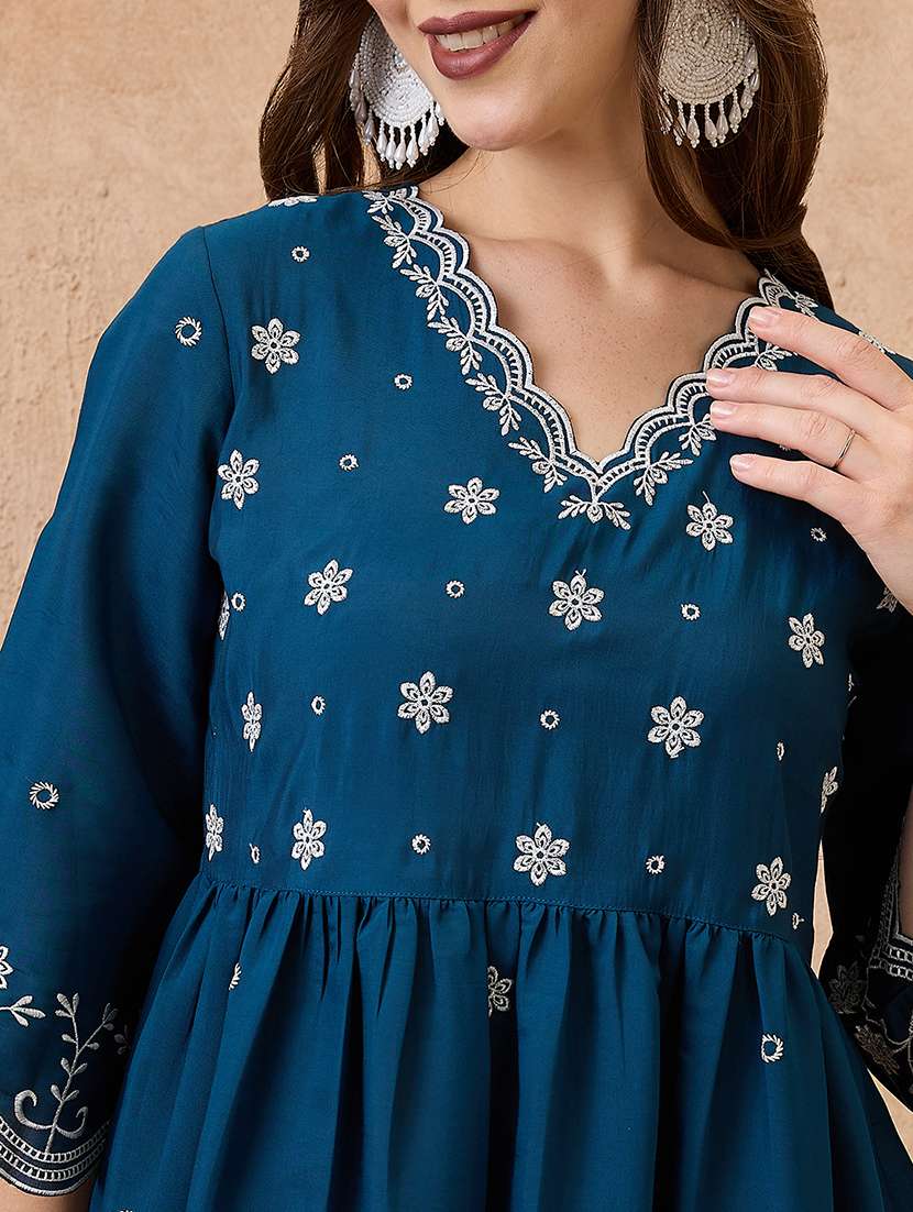 globus women navy blue floral embroidered work v-neck scalloped hem a-line kurta with pant festive set - 21738589 -  Standard Image - 4
