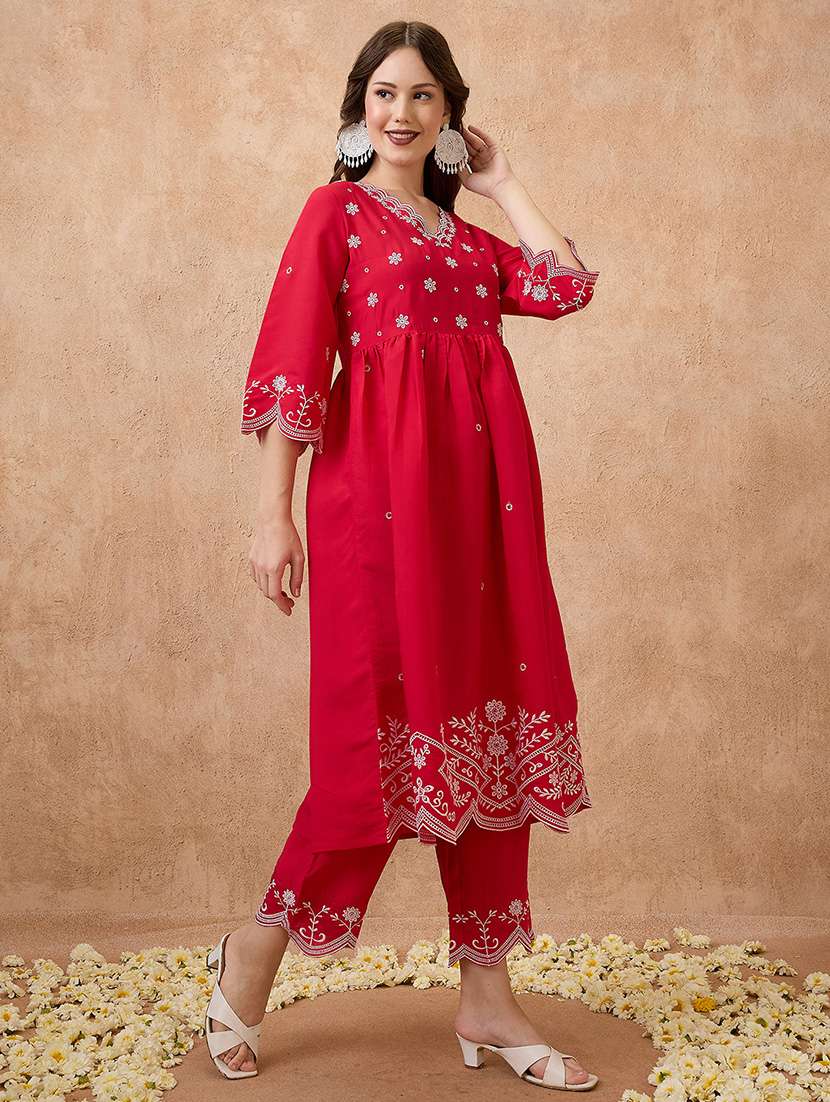 globus women pink floral embroidered work v-neck scalloped hem a-line kurta with pant festive set - 21738590 -  Standard Image - 1
