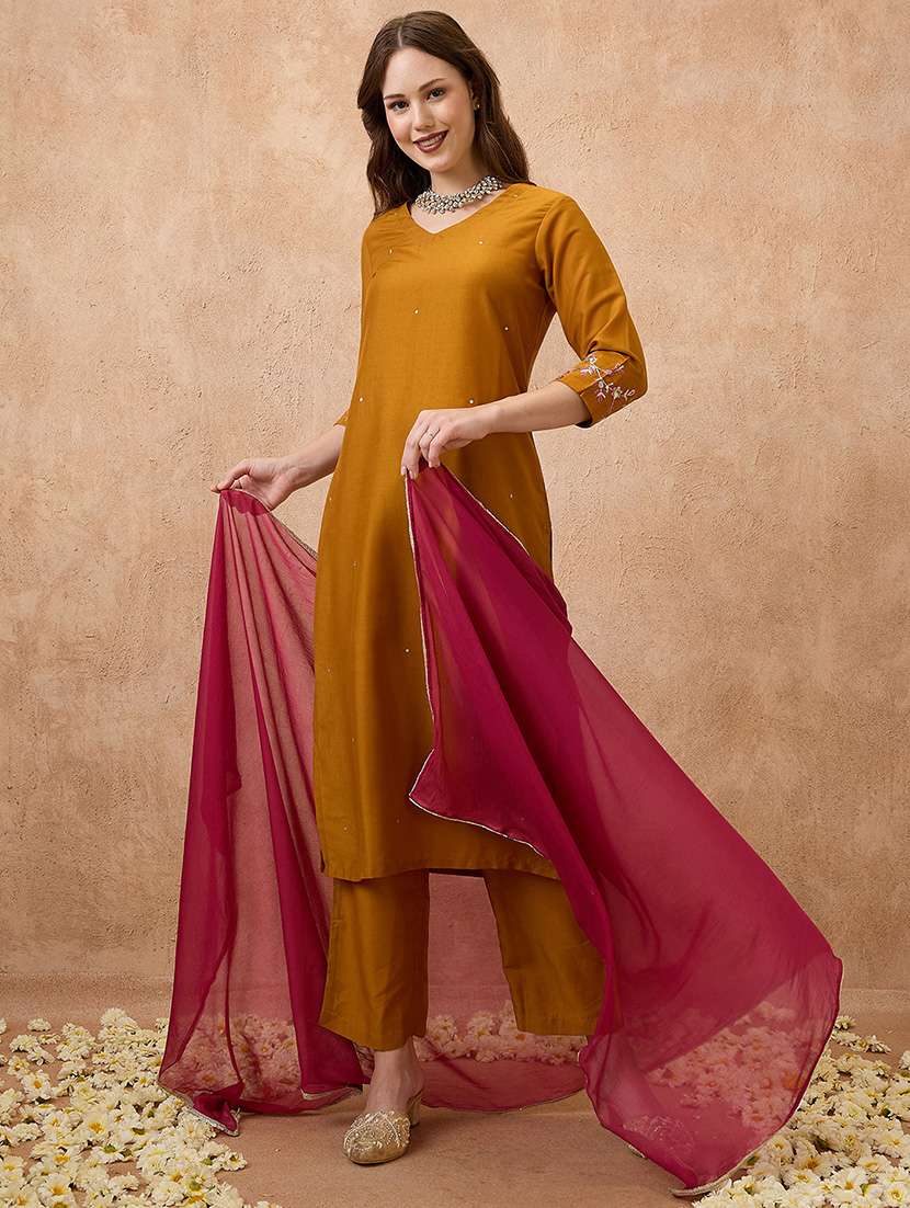 globus women mustard v-neck sequinned straight kurta with pant & contrast dupatta festive set - 21738591 -  Standard Image - 1