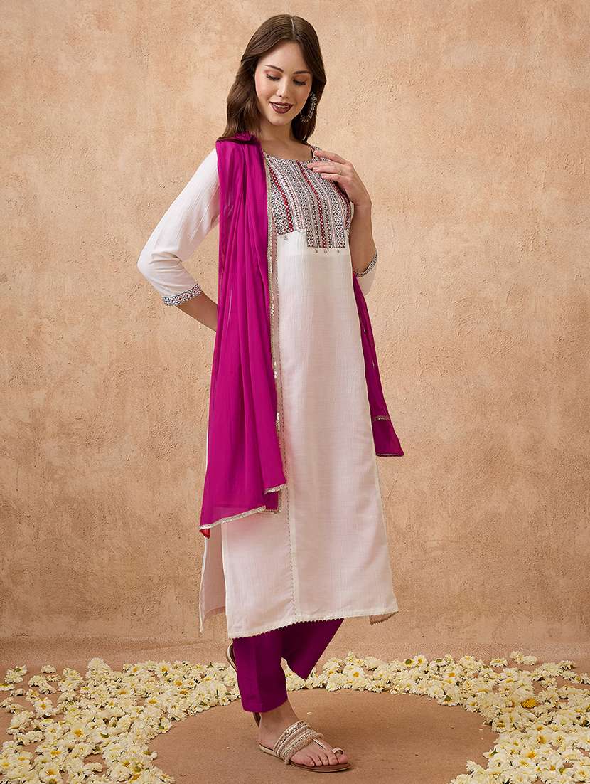 globus women off-white round neck embroidered yoke straight kurta with pant & dupatta ethnic set - 21738592 -  Standard Image - 1