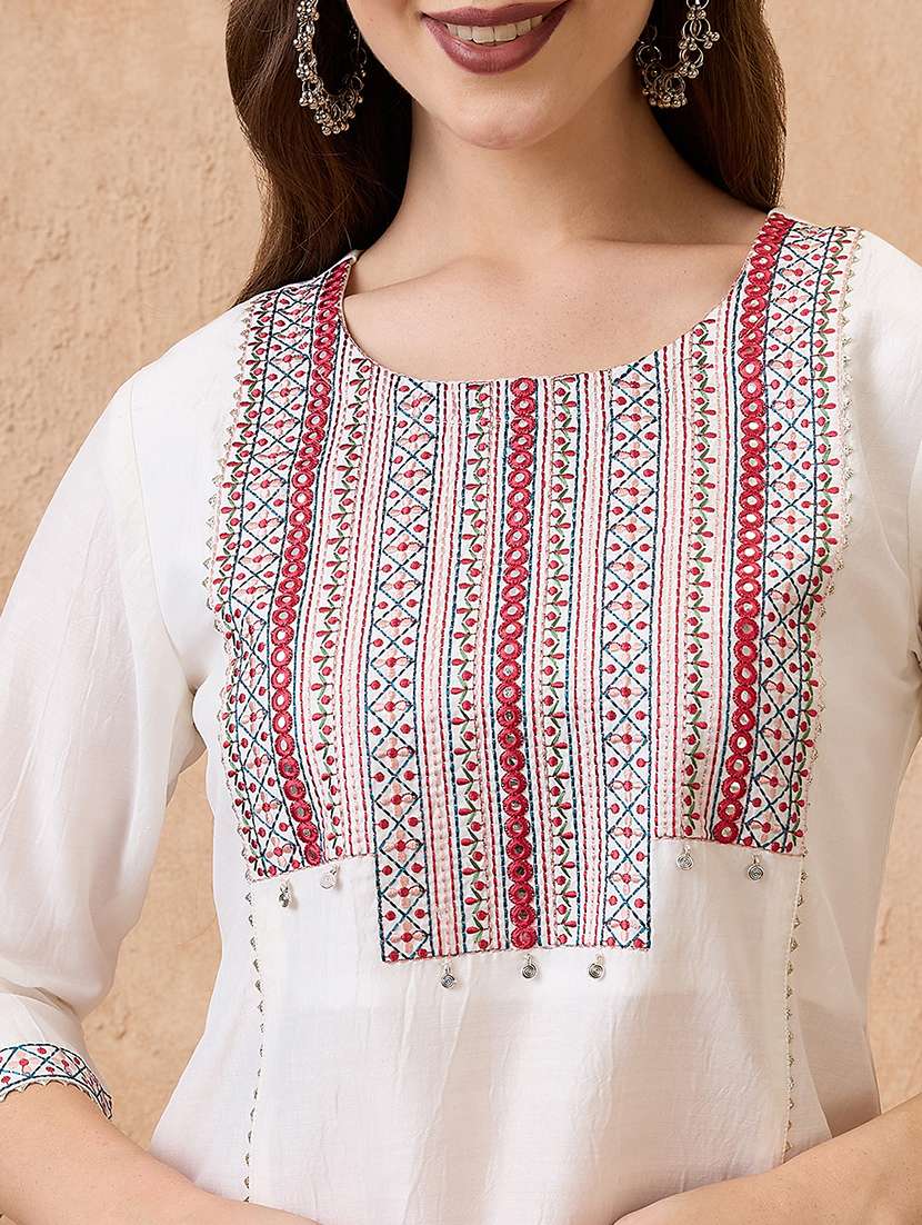globus women off-white round neck embroidered yoke straight kurta with pant & dupatta ethnic set - 21738592 -  Standard Image - 4