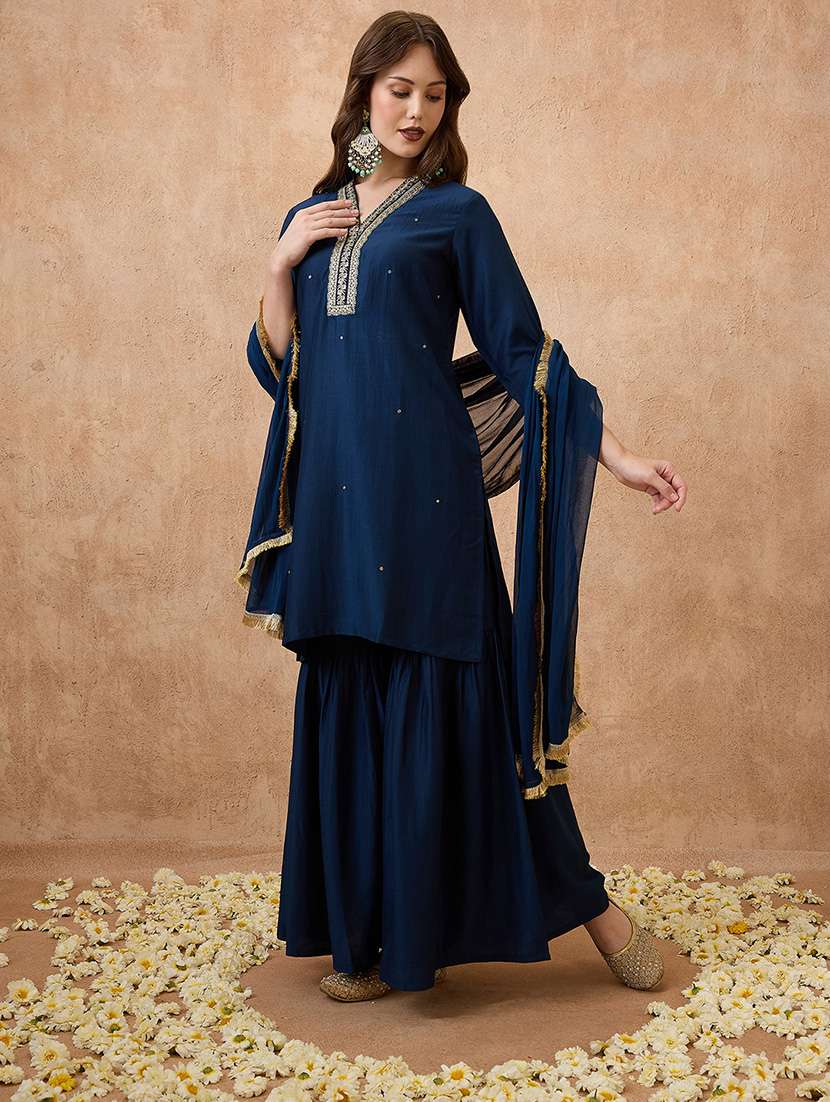 globus women navy blue sequin lace detail v-neck straight kurta with sharara & dupatta festive set - 21738593 - Standard Image - 1