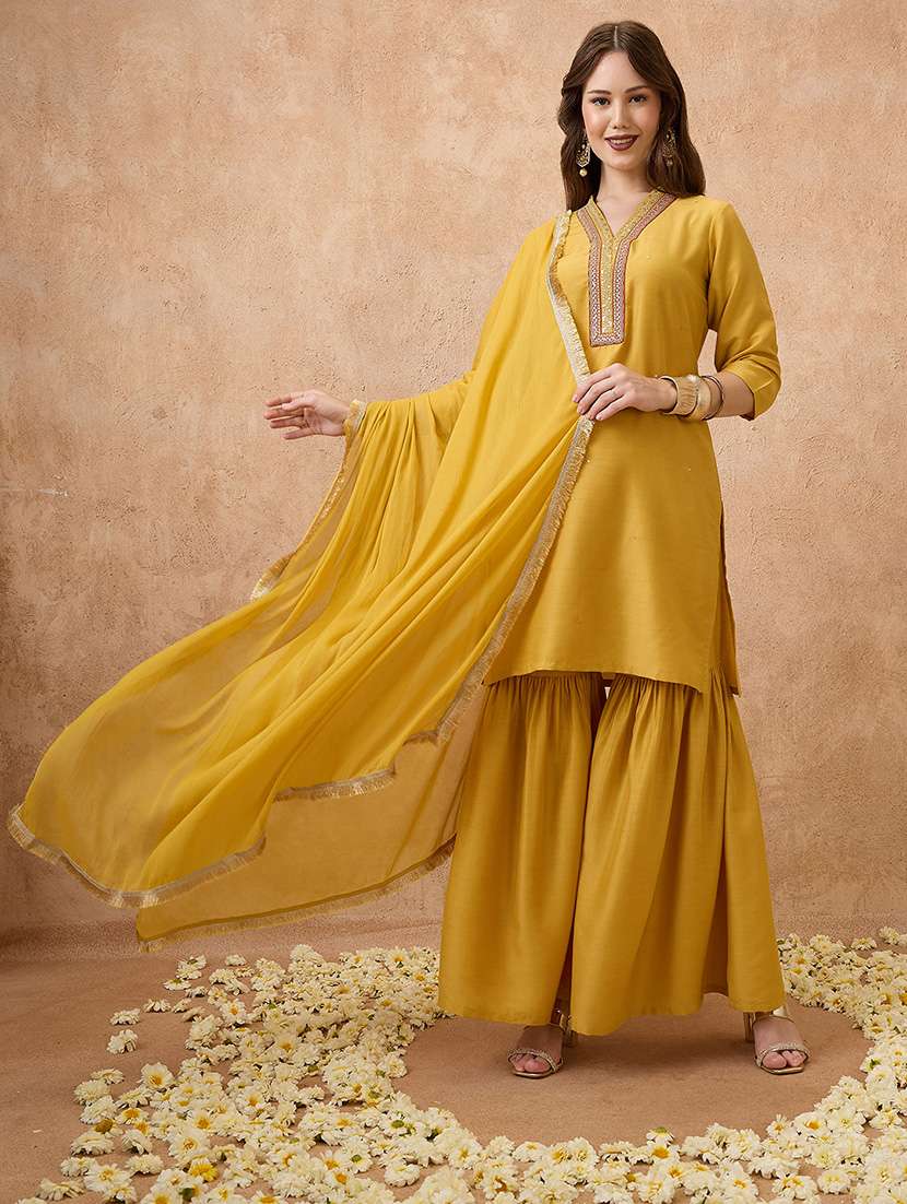 globus women yellow sequin lace detail v-neck straight kurta with sharara & dupatta festive set - 21738594 - Standard Image - 1