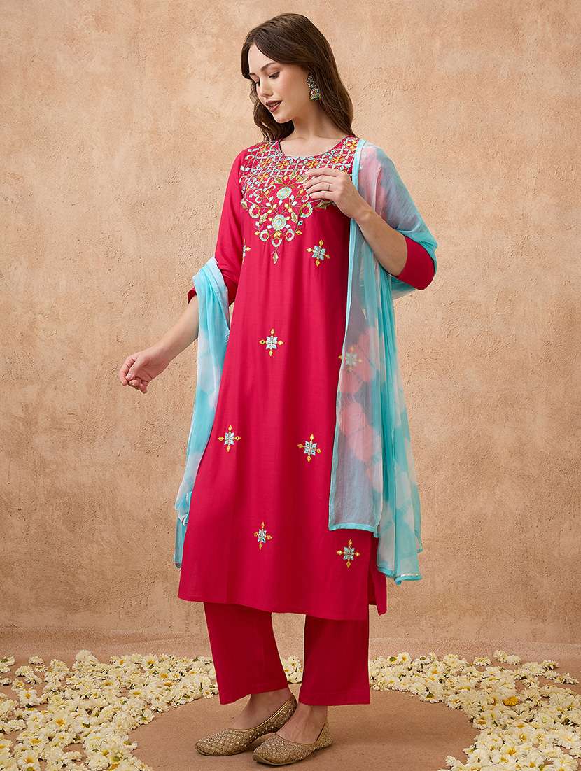 globus women pink round neck floral embroidered straight kurta with pant & tie-die dupatta workwear set - 21738595 -  Standard Image - 1