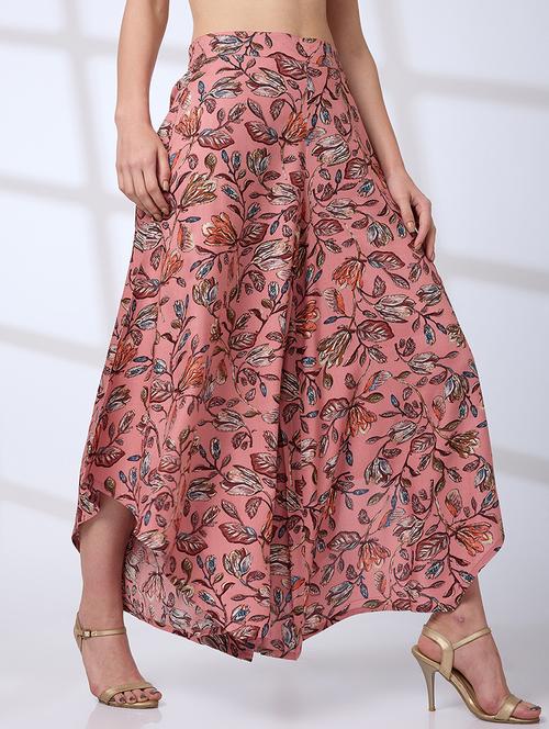 globus women pink allover floral print asymmetric flared hem fusion palazzos - 21738596 -  Standard Image - 0