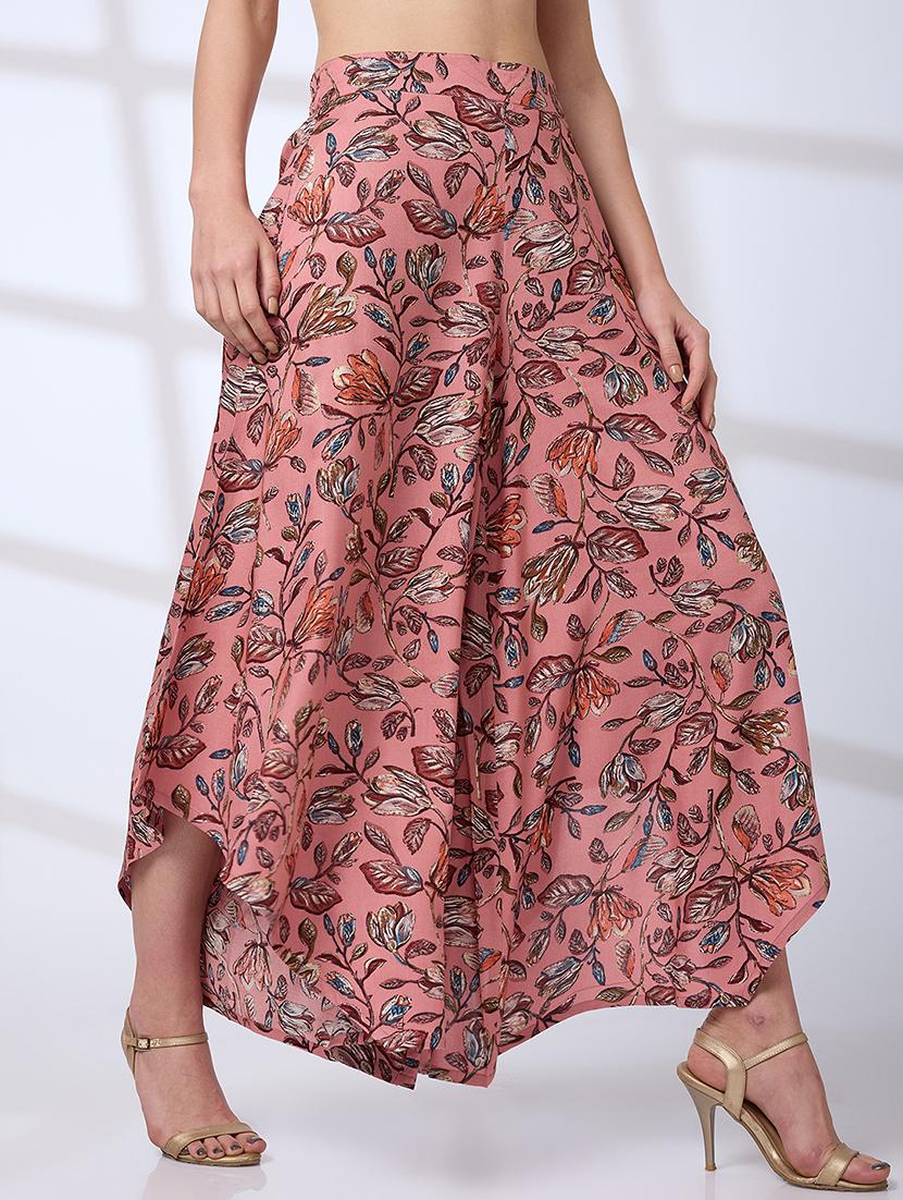globus women pink allover floral print asymmetric flared hem fusion palazzos - 21738596 -  Zoom Image - 0