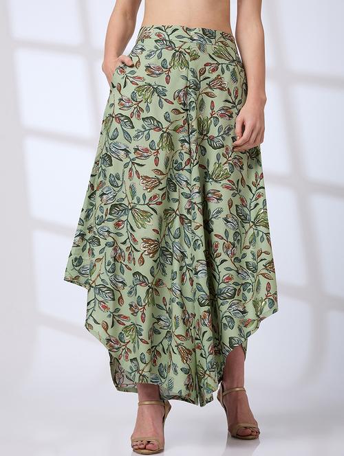 globus women green allover floral print asymmetric flared hem fusion palazzos - 21738597 - Standard Image - 0