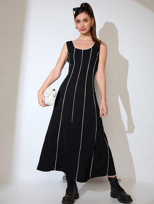 globus women black scoop neck stripes design flared hem a-line maxi dress - 21738599 - Standard Image - 0