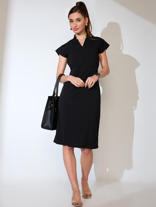 globus women black v-neck cap sleeves sheath midi workwear dress - 21738602 -  Standard Image - 0
