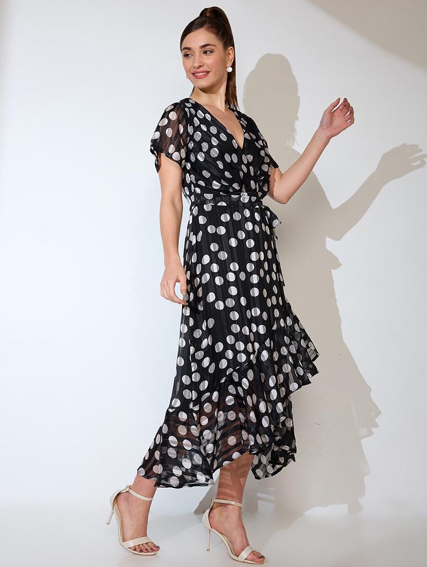 globus women black polka dot print wrap neck flared sleeves waist tie-up ruffled tulip hem a-line midi dress - 21738604 -  Standard Image - 1