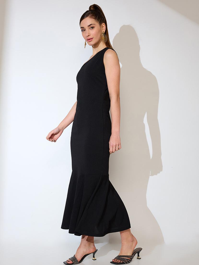 globus women black one shoulder flared hem maxi bodycon party dress - 21738605 - Standard Image - 1