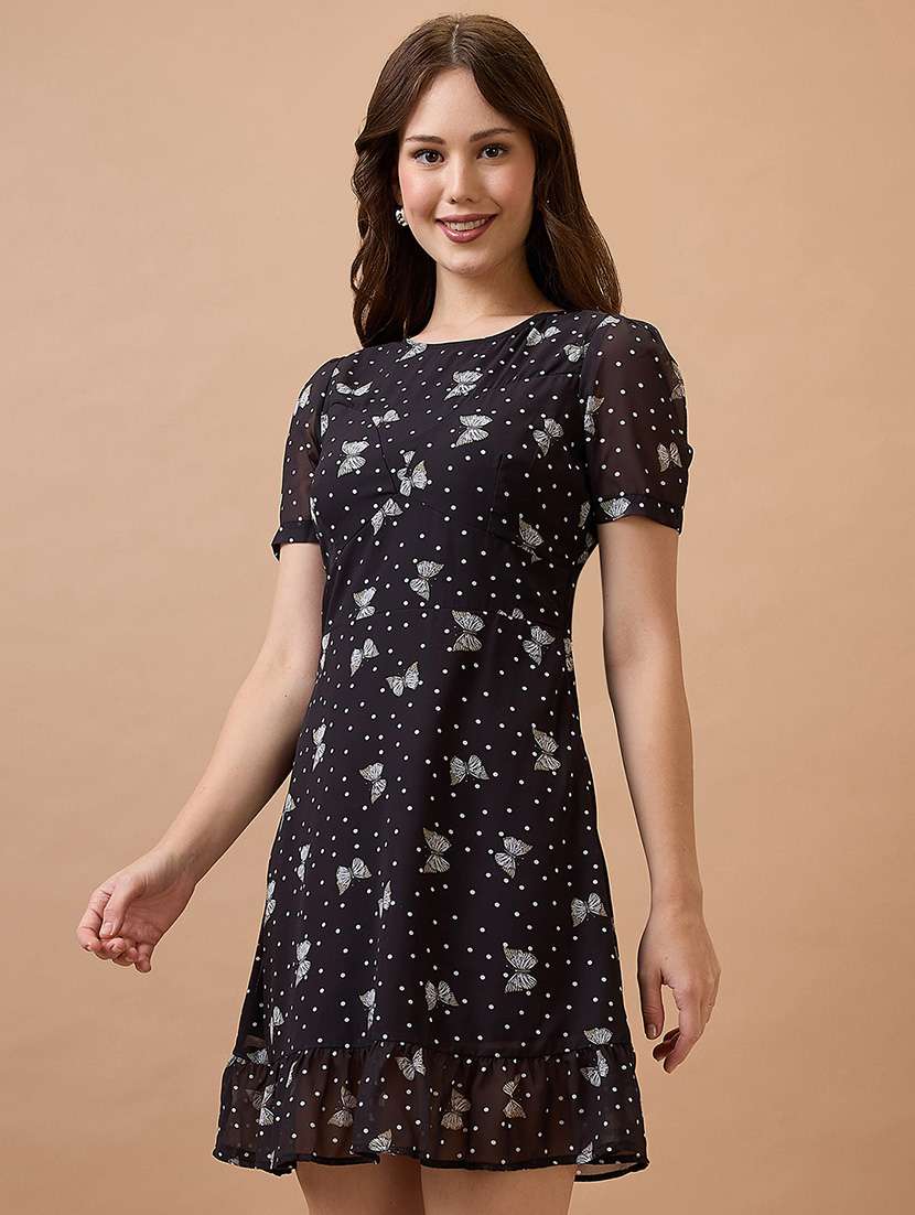 globus women black polka dots round neck short puff sleeves fit & flare mini dress - 21738608 -  Standard Image - 1