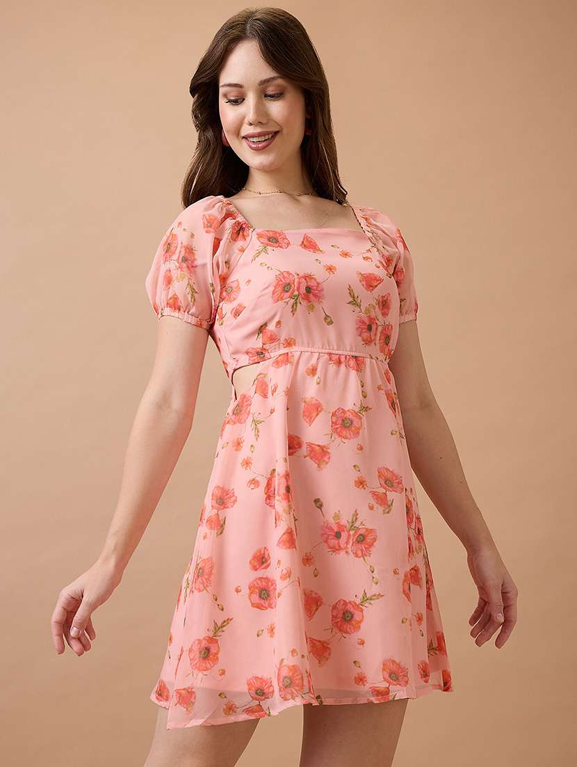 globus women pink floral printed square neck puff sleeves waist cut-out mini fit & flare dress