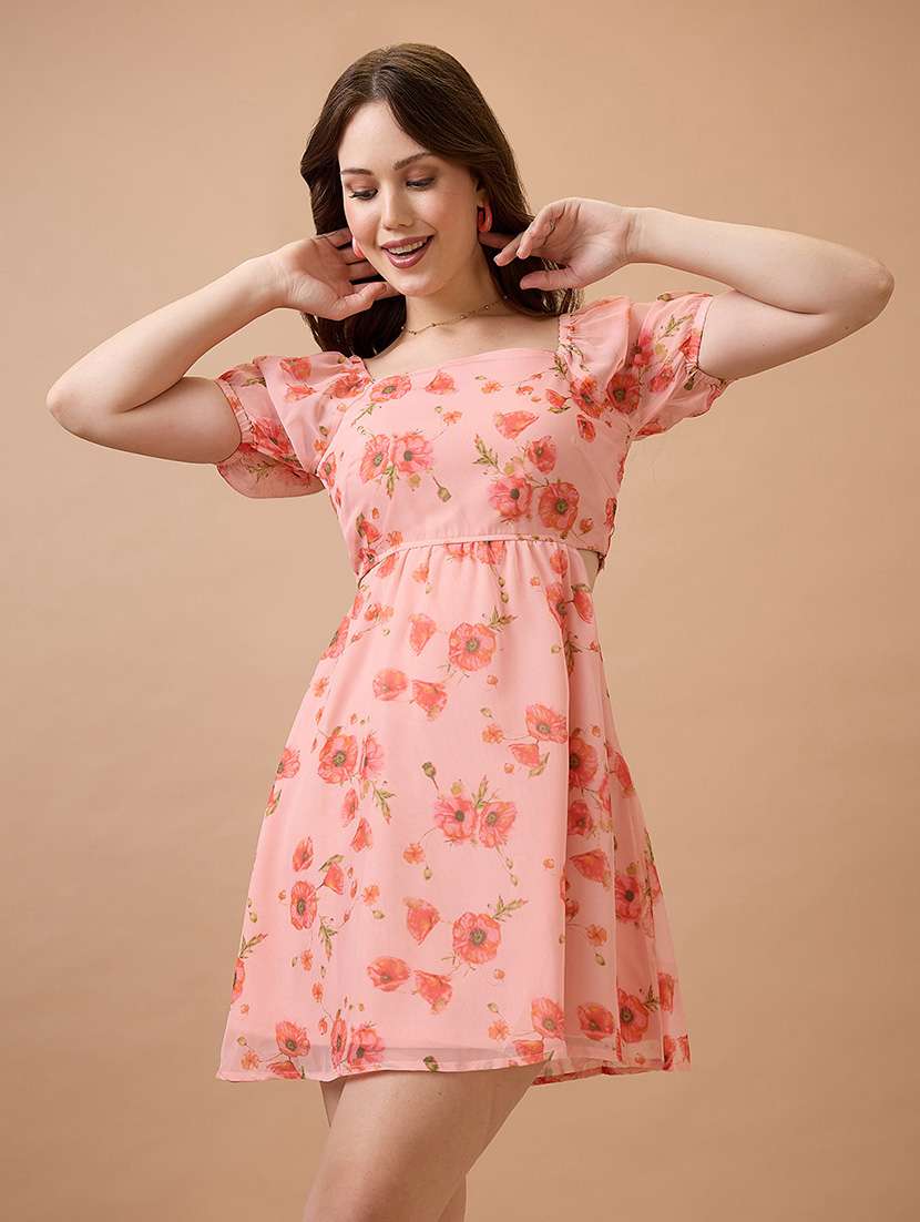globus women pink floral printed square neck puff sleeves waist cut-out mini fit & flare dress - 21738610 -  Standard Image - 1