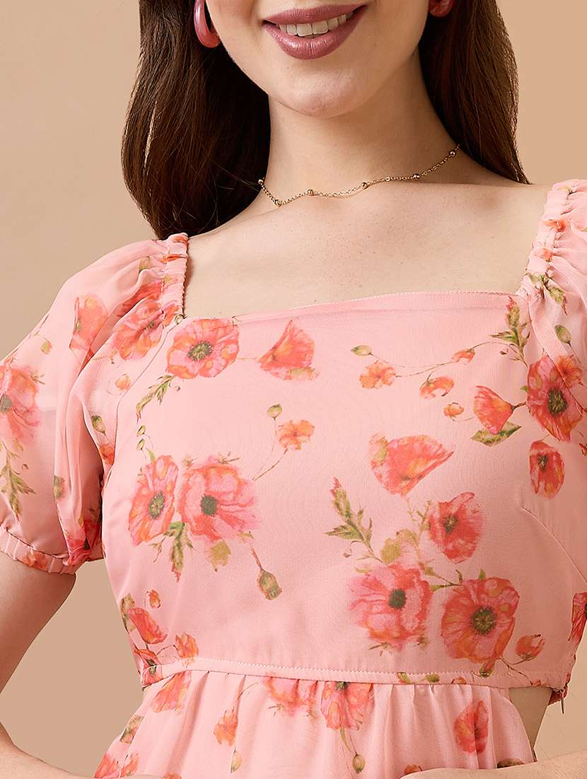globus women pink floral printed square neck puff sleeves waist cut-out mini fit & flare dress - 21738610 -  Standard Image - 4