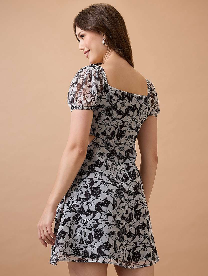 globus women black floral printed square neck puff sleeves waist cut-out mini fit & flare dress - 21738611 -  Standard Image - 1