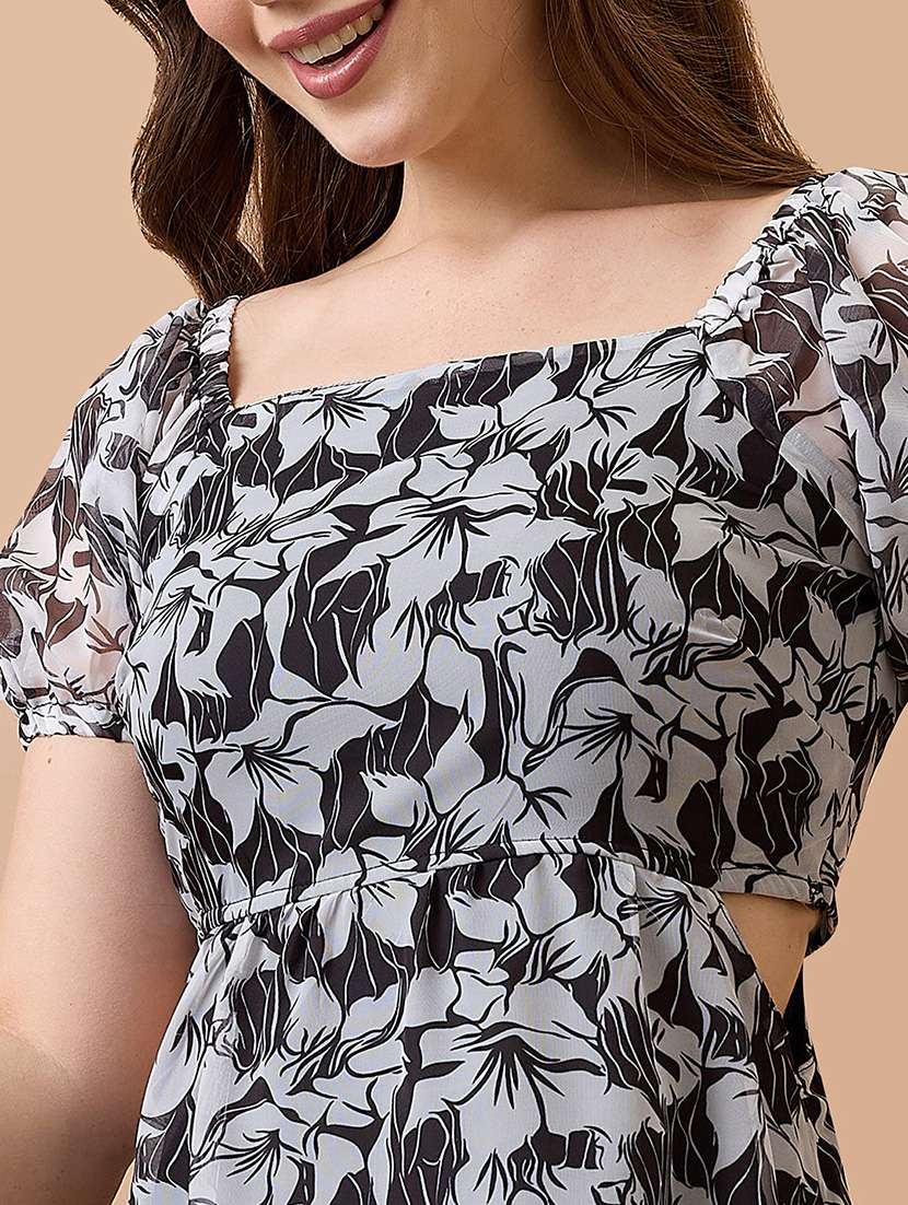 globus women black floral printed square neck puff sleeves waist cut-out mini fit & flare dress - 21738611 -  Standard Image - 4