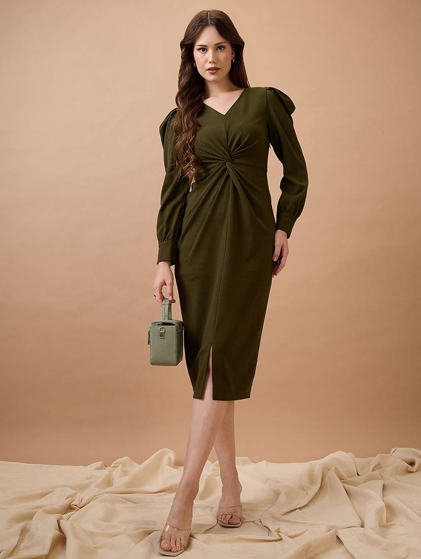 globus women olive v-neck cuffed sleeves twisted detail midi bodycon party dress
