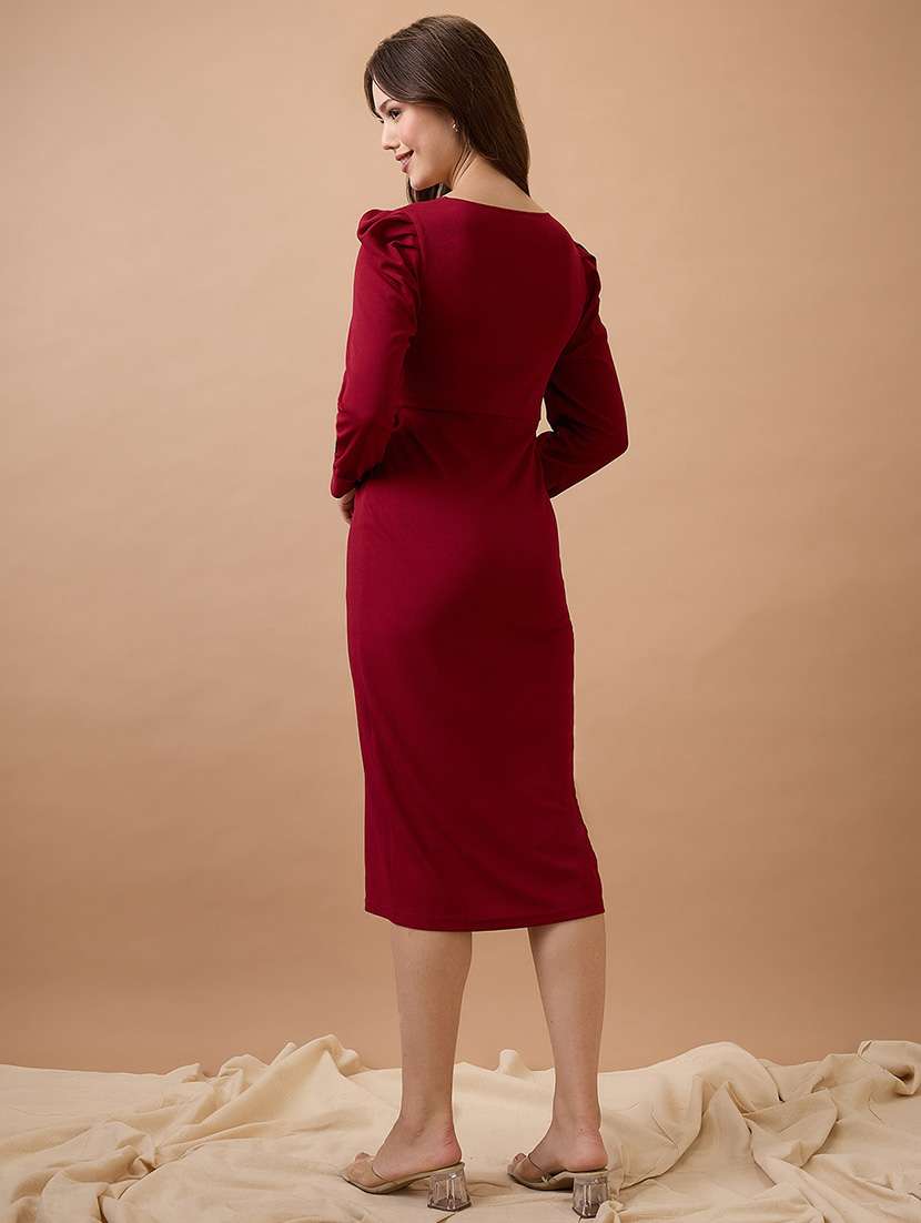 globus women maroon v-neck cuffed sleeves twisted detail midi bodycon party dress - 21738614 -  Standard Image - 1