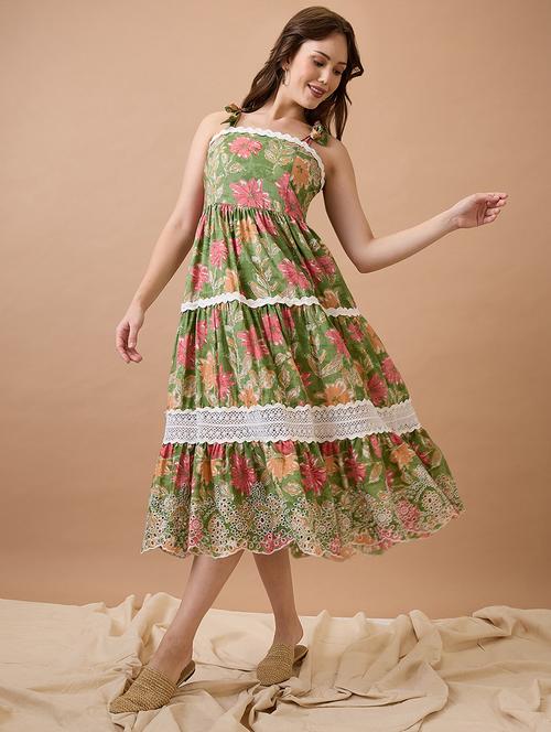 globus women green floral print tie-up sleeves lace insert schiffli embroidered hem tiered midi fit & flare fusion dress - 21738616 -  Standard Image - 0