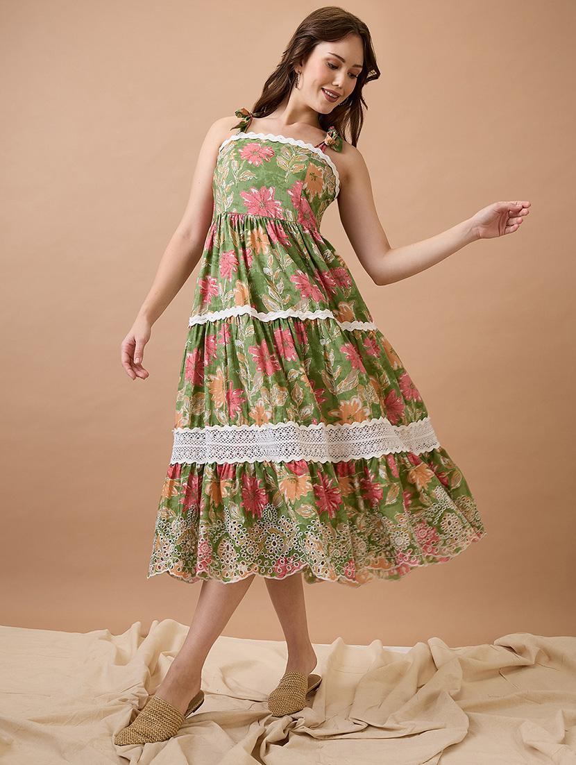 globus women green floral print tie-up sleeves lace insert schiffli embroidered hem tiered midi fit & flare fusion dress - 21738616 -  Zoom Image - 0