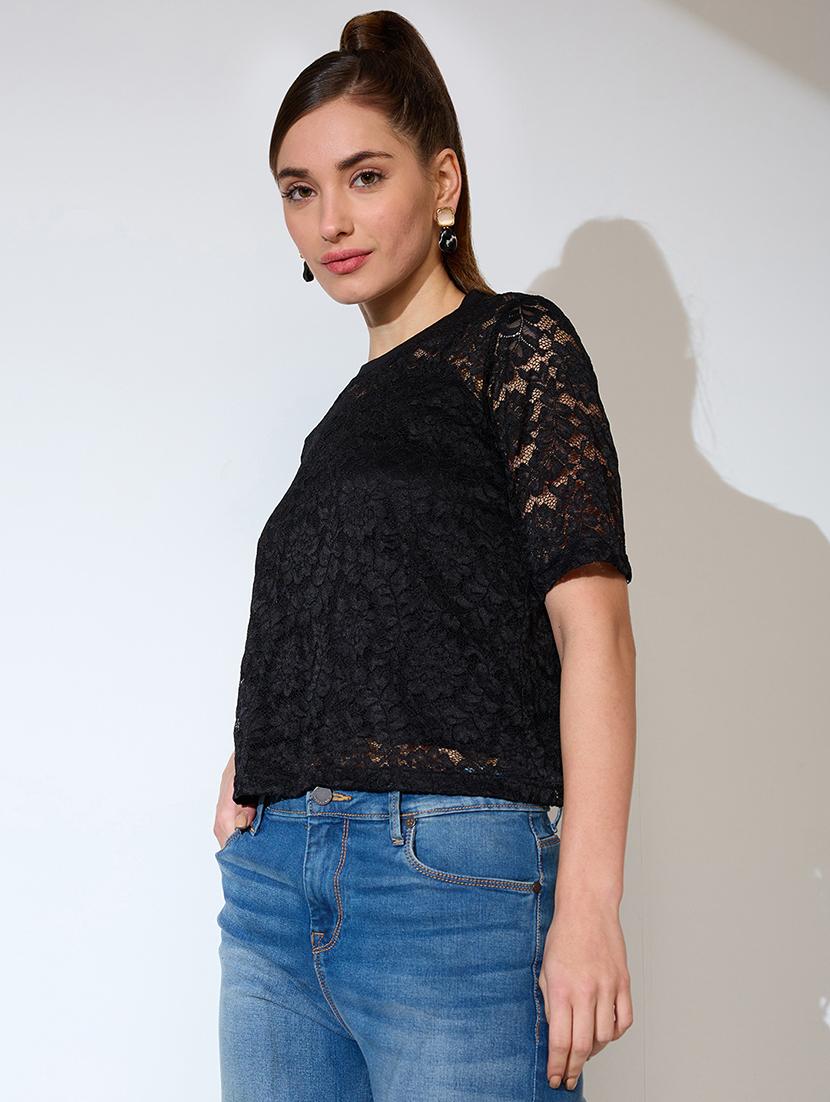 globus women black round neck short sleeves floral lace party top - 21738617 -  Standard Image - 1