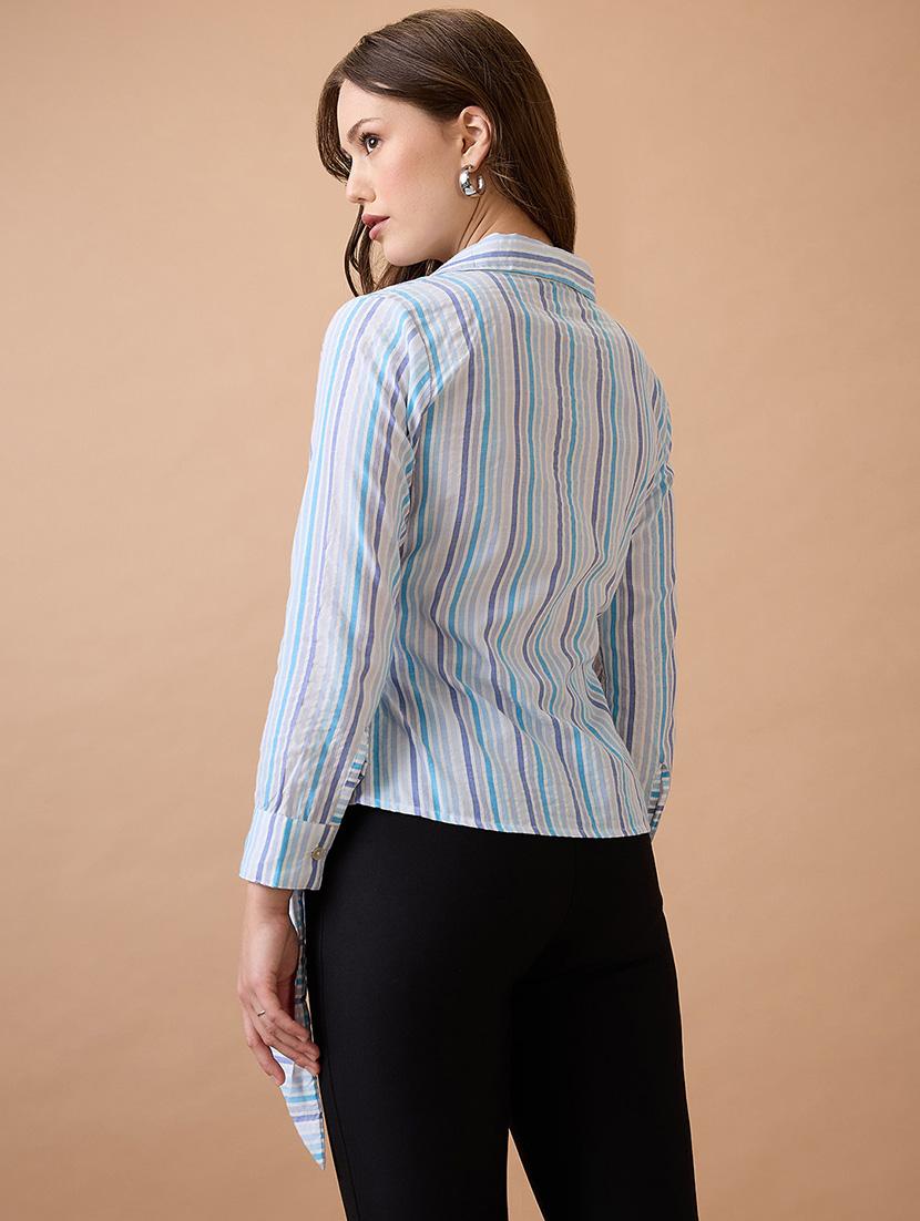 globus women blue vertical stripes cuffed sleeves shirt collar wrap waist tie-up workwear top - 21738620 - Standard Image - 1