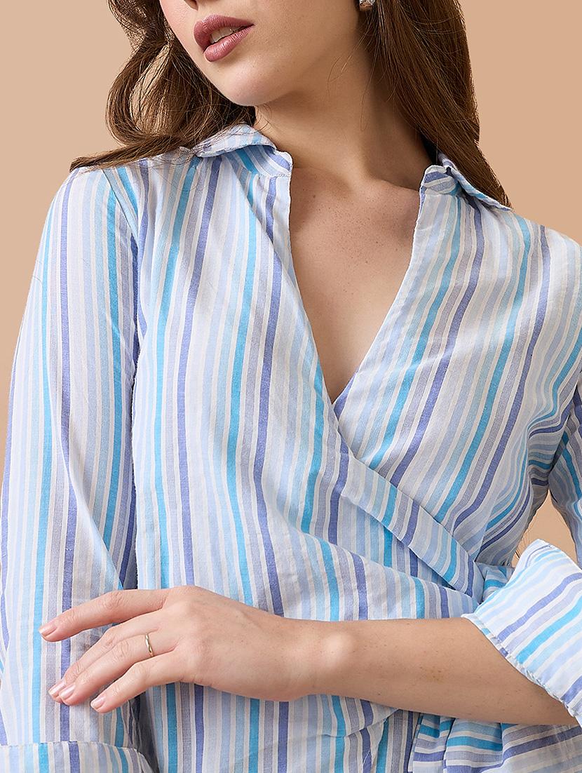 globus women blue vertical stripes cuffed sleeves shirt collar wrap waist tie-up workwear top - 21738620 - Standard Image - 4