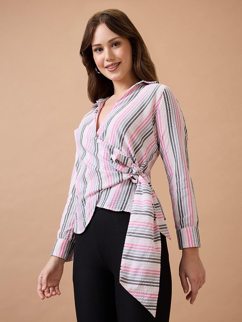 globus women multi-color vertical stripes cuffed sleeves shirt collar wrap waist tie-up workwear top - 21738621 - Standard Image - 1