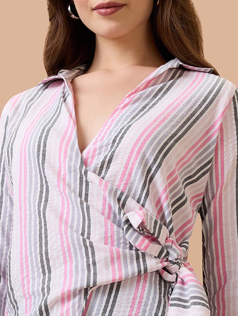 globus women multi-color vertical stripes cuffed sleeves shirt collar wrap waist tie-up workwear top - 21738621 - Standard Image - 4
