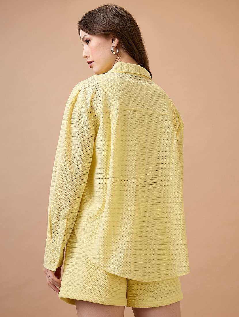 globus women yellow collared neck cuffed sleeves crochet shirt style top with shorts co-ords set - 21738622 - Standard Image - 1