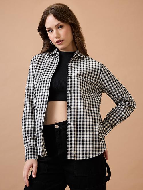 globus women black & white checked collared neck cuffed sleeves shirt style top - 21738623 - Standard Image - 0