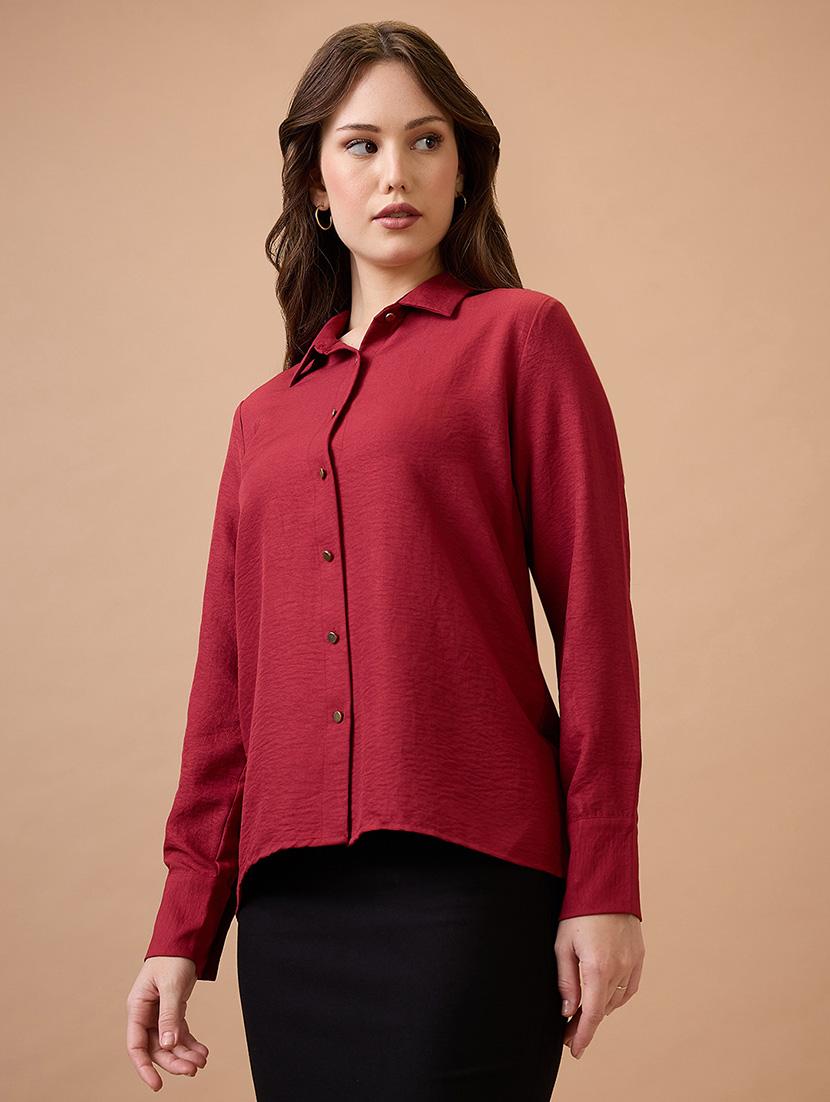 globus women maroon collared neck cuffed sleeves shirt style workwear top - 21738624 - Standard Image - 1