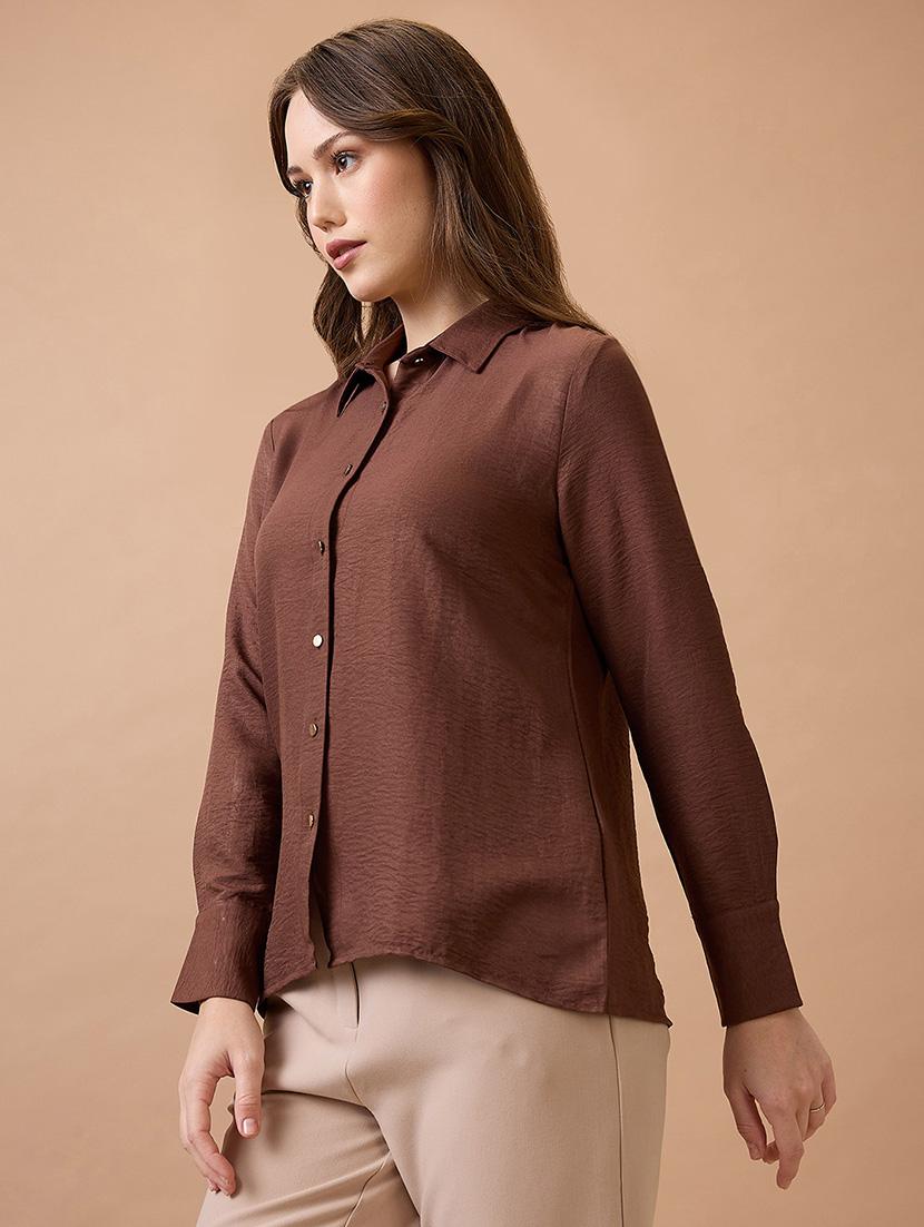 globus women brown collared neck cuffed sleeves shirt style workwear top - 21738625 -  Standard Image - 1