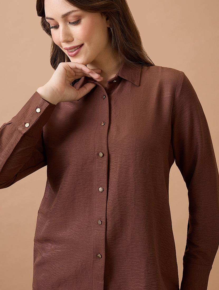 globus women brown collared neck cuffed sleeves shirt style workwear top - 21738625 - Standard Image - 4