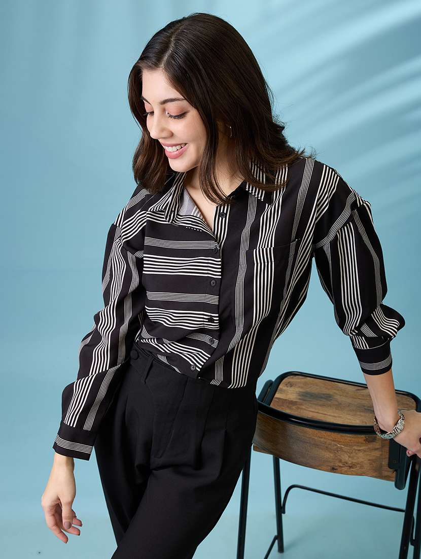 globus women black vertical & horizontal stripes collared neck cuffed sleeves oversized shirt style top - 21738627 -  Standard Image - 4