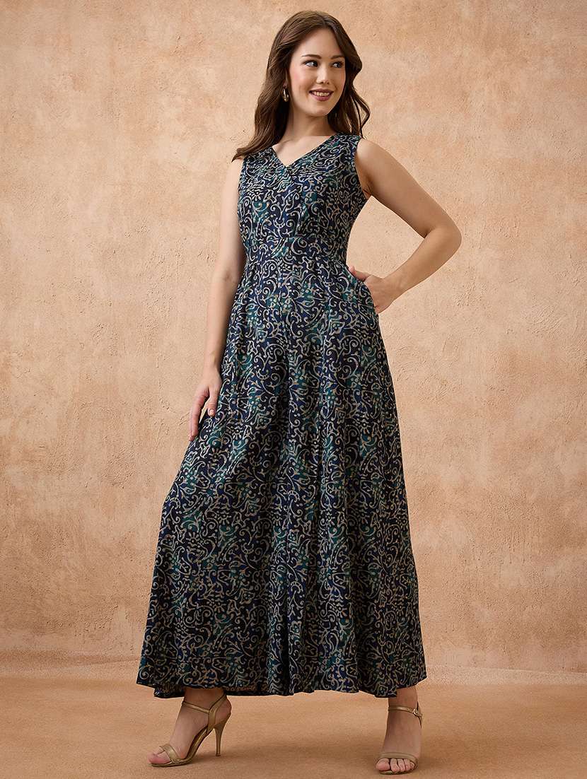 globus women blue v-neck ethnic print flared fusion jumpsuit