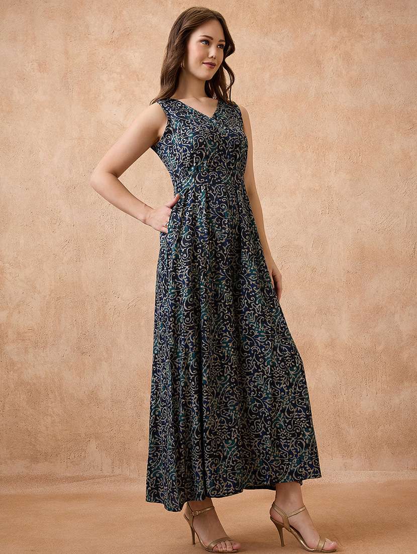 globus women blue v-neck ethnic print flared fusion jumpsuit - 21738634 -  Standard Image - 1