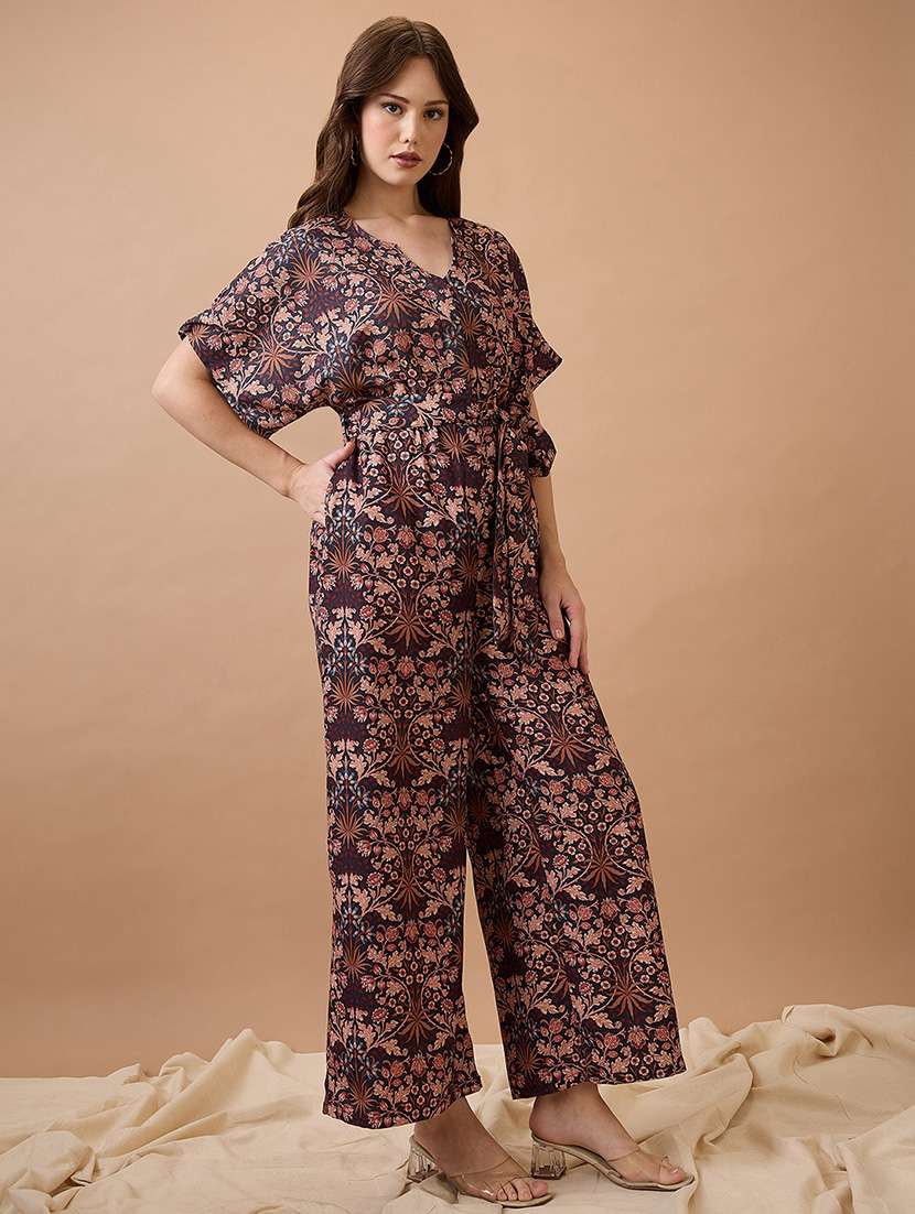 globus women multi floral print round neck with v cut kimono sleeves waist tie-up longline fusion jumpsuit - 21738637 -  Standard Image - 1