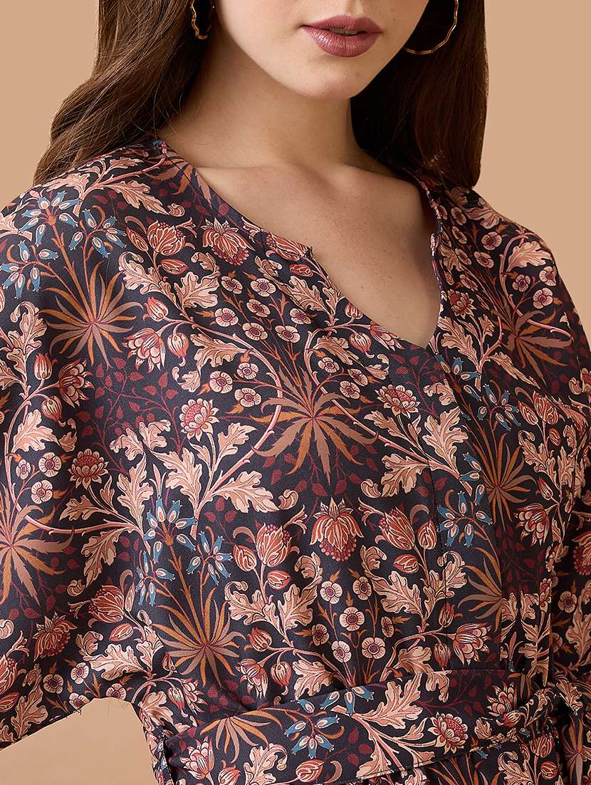 globus women multi floral print round neck with v cut kimono sleeves waist tie-up longline fusion jumpsuit - 21738637 -  Standard Image - 4