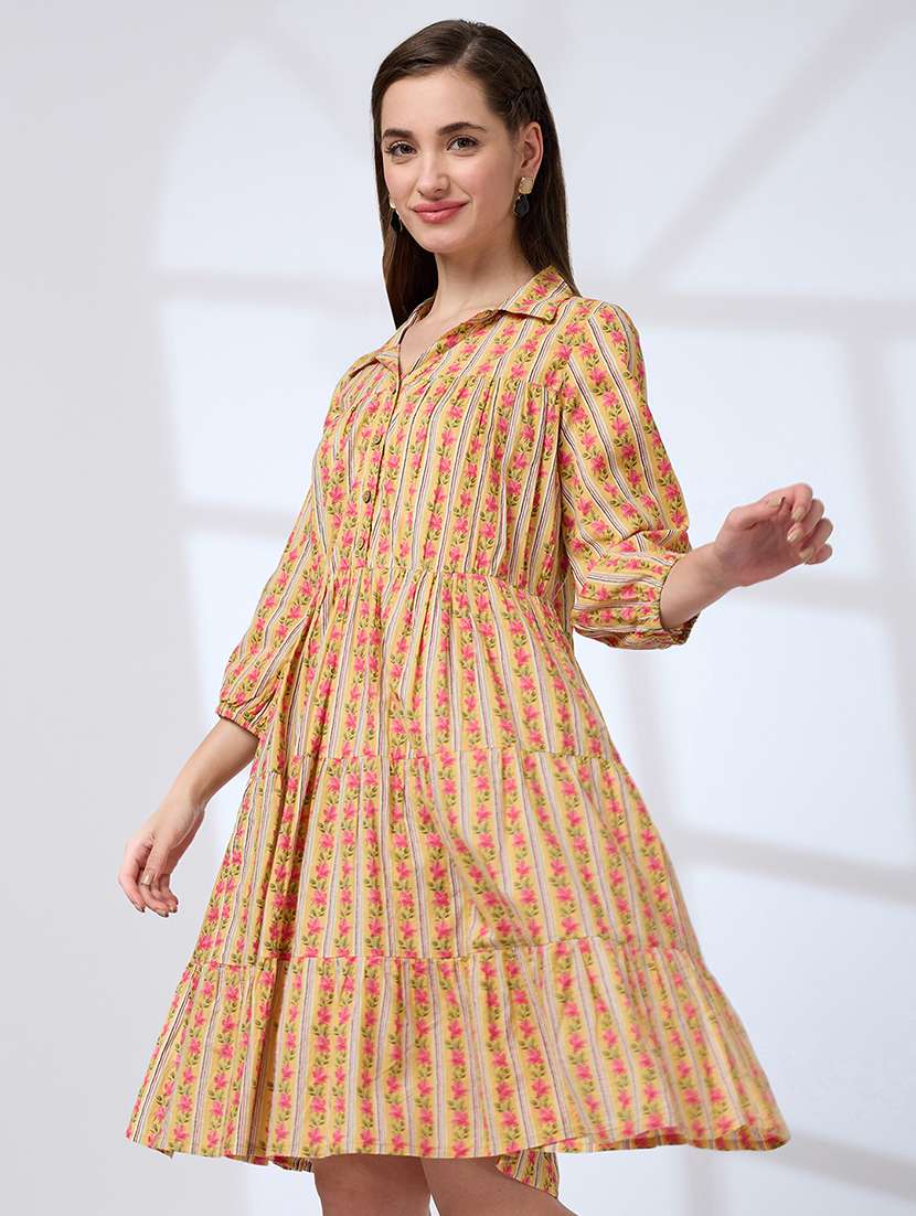 globus women yellow shirt collar regular sleeves floral print a-line tiered work wear dress - 21738641 - Zoom Image - 0