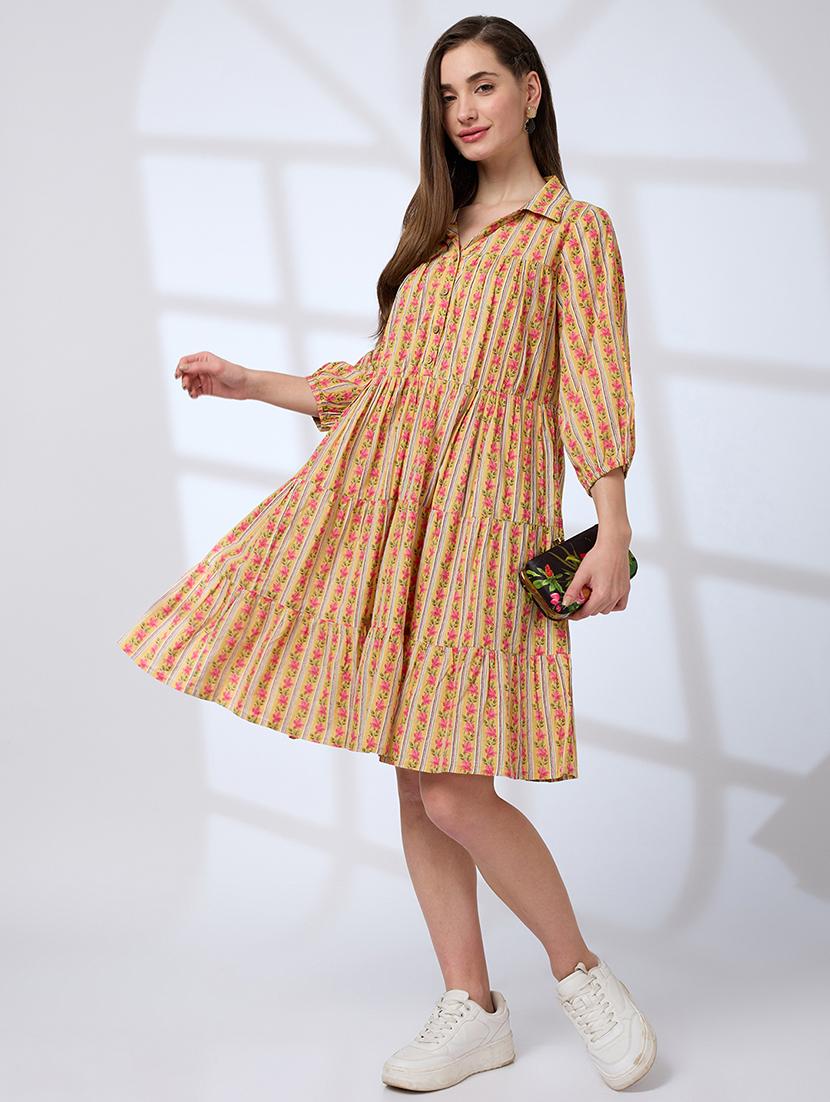 globus women yellow shirt collar regular sleeves floral print a-line tiered work wear dress - 21738641 - Standard Image - 1