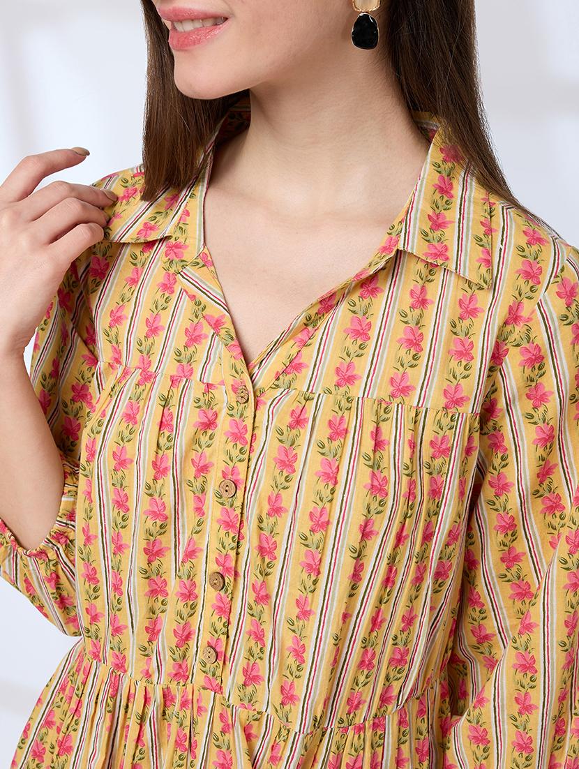 globus women yellow shirt collar regular sleeves floral print a-line tiered work wear dress - 21738641 - Standard Image - 4