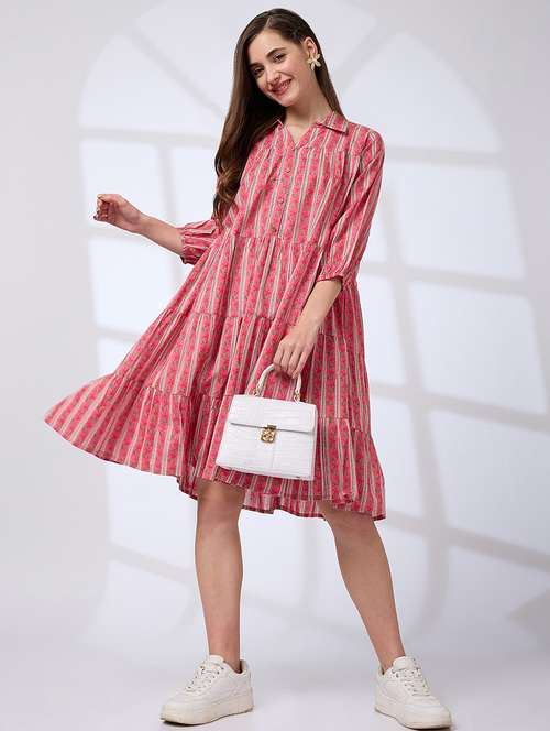 globus women pink shirt collar regular sleeves floral print a-line tiered work wear dress - 21738642 - Standard Image - 0