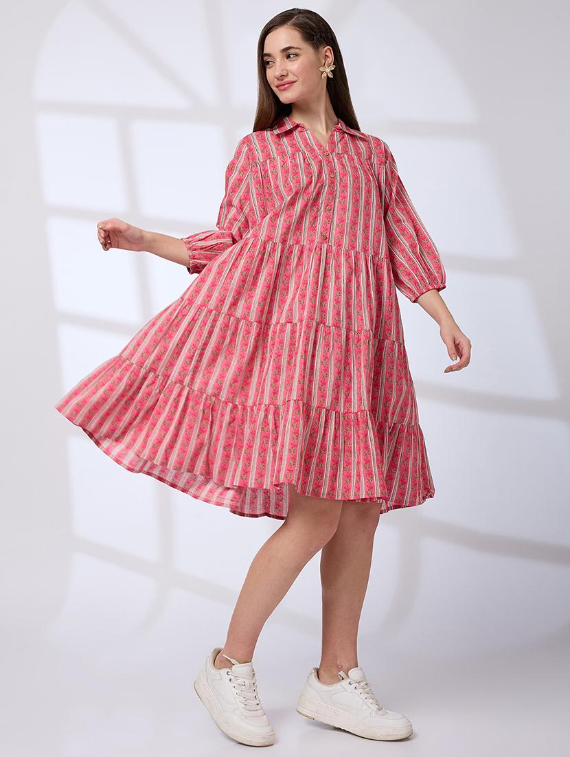globus women pink shirt collar regular sleeves floral print a-line tiered work wear dress - 21738642 - Standard Image - 1