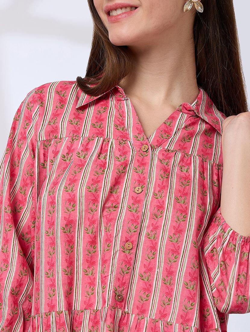 globus women pink shirt collar regular sleeves floral print a-line tiered work wear dress - 21738642 - Standard Image - 4