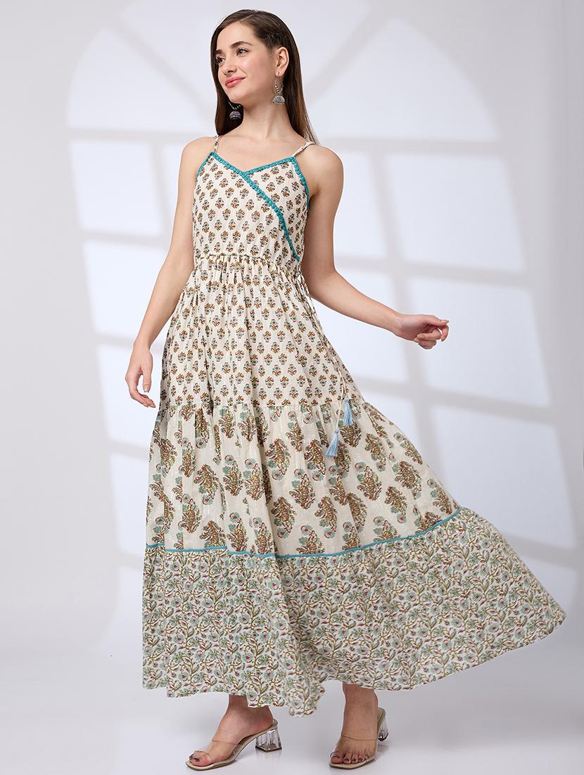 globus women blue v-neck strappy shoulder tassel waist tie-ups floral print flared hem a-line fusion maxi dress - 21738643 - Standard Image - 1