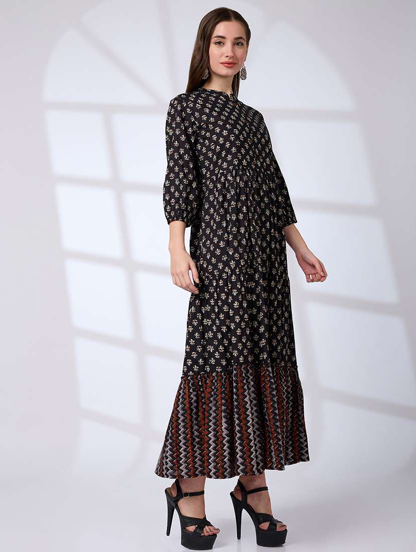 globus women black cotton mandarin collar bishop sleeve ethnic print tiered a-line work wear maxi dress - 21738644 -  Standard Image - 1